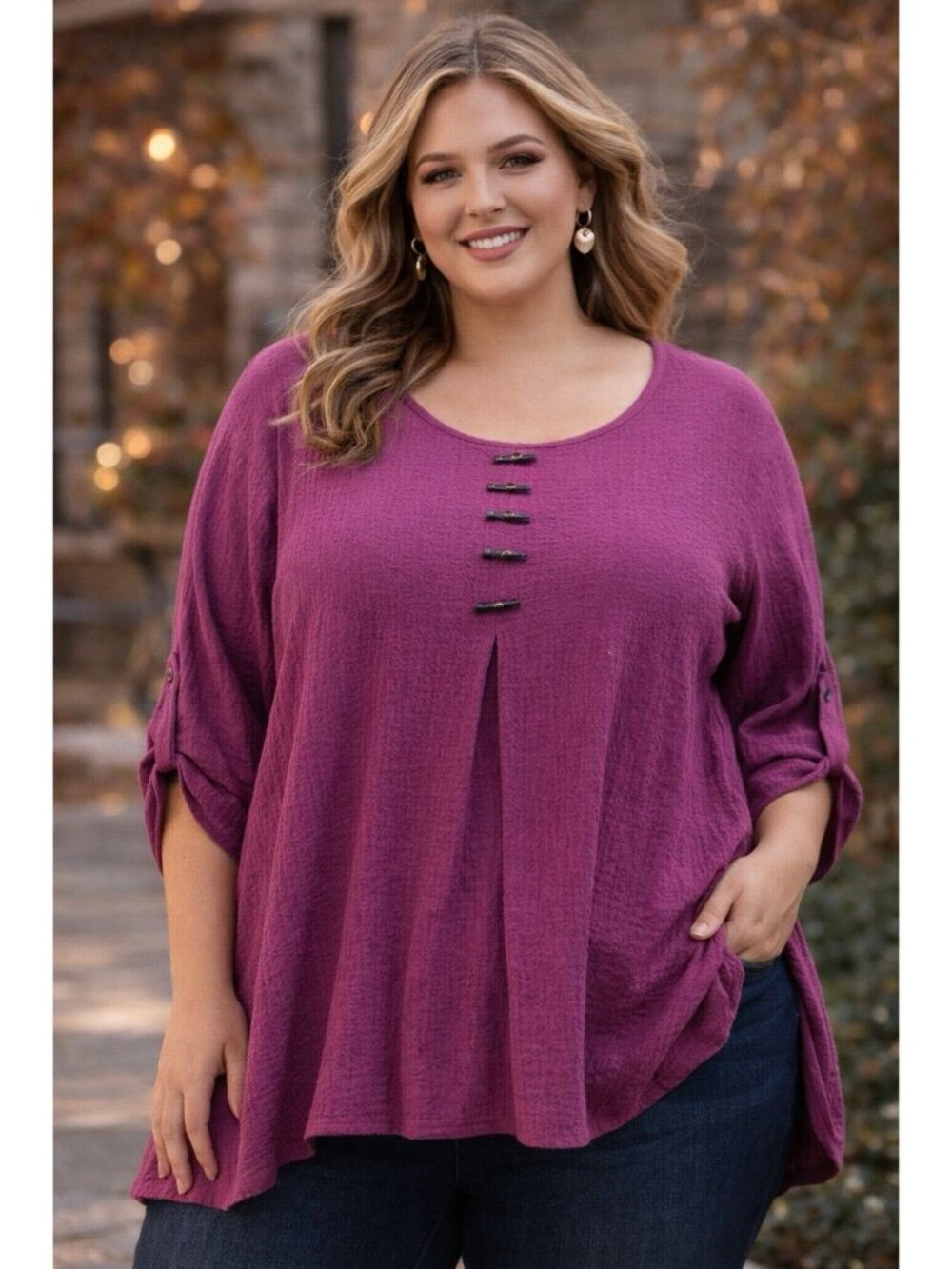 Ali Miles Purple Roll Tab Sleeve Scoop Neck Tunic Top Blouse Size 3X Woman